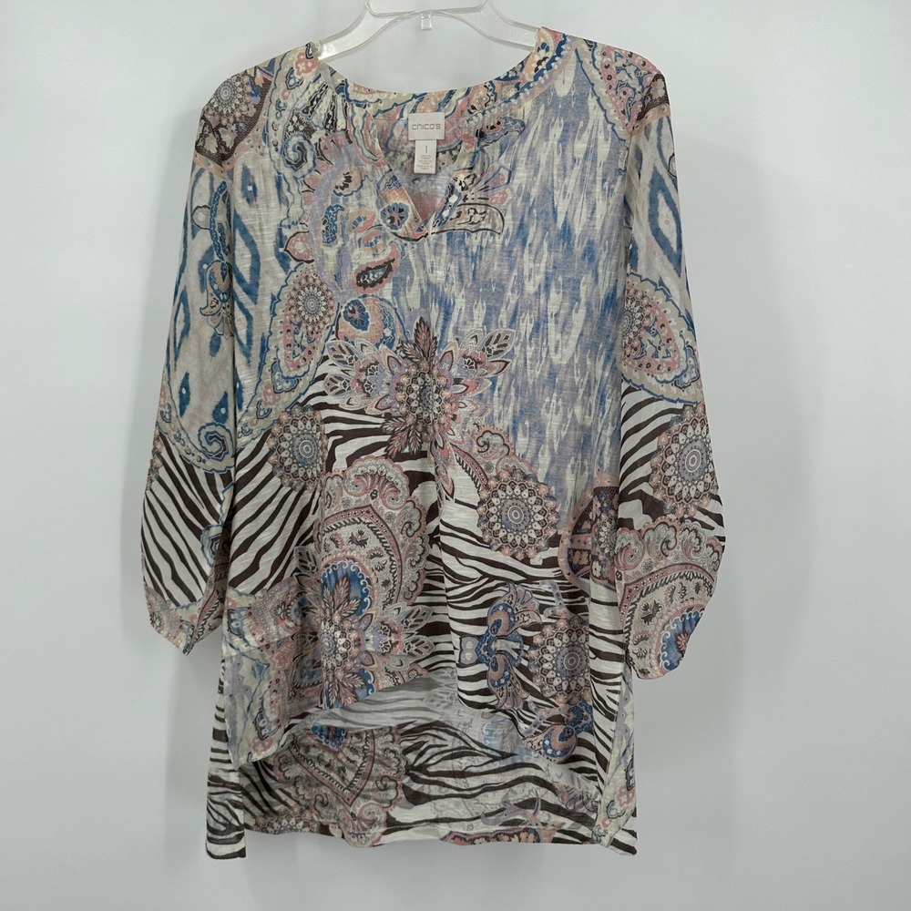 Chicos Womens Boho Tunic Top Size 1 US M Eclectic Floral‎ Animal Print Indie